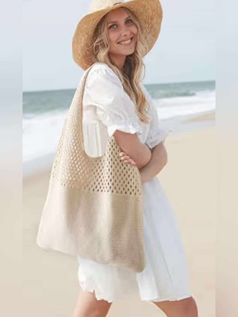 Neutral Crochet Beach Tote Bag - Women's Summer Shoulder Bag